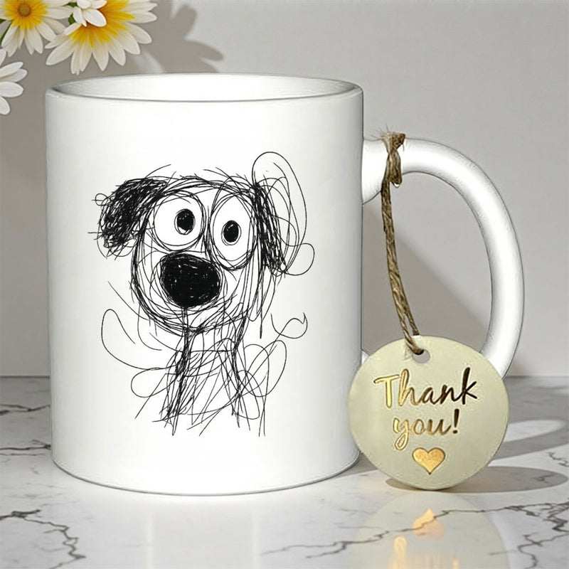 Tailorly White Ceramic 11 oz Mug - Thank You Artistic Hand Drawn Sketch Of A Curious Messy Puppy Dog
