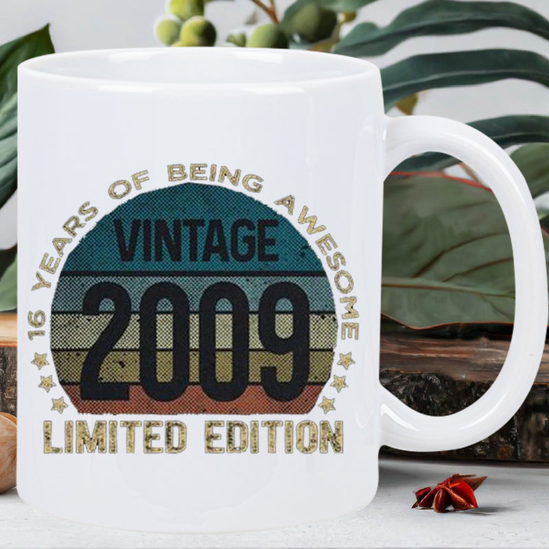 Tailorly White Ceramic 11 oz Mug - 16 Years Of Being Awesome Vintage 2009 Limited Edition Retro Distressed Sunset Circle With Horizontal Colored Stripes Behind