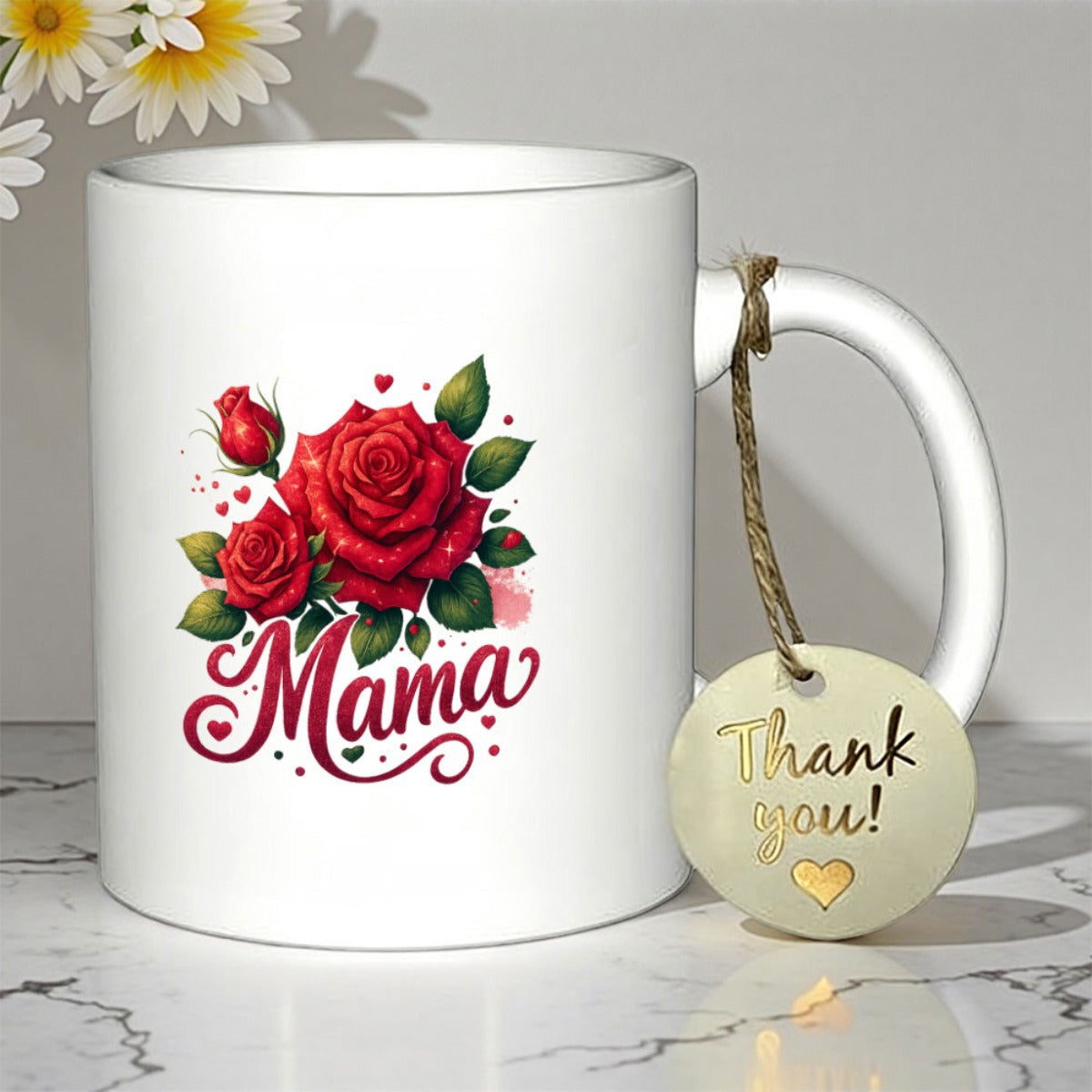 Tailorly White Ceramic 11 oz Mug - Mama Vibrant Red Blossoms Nestled Among Lush Green Leaves And Decorative Hearts Rose