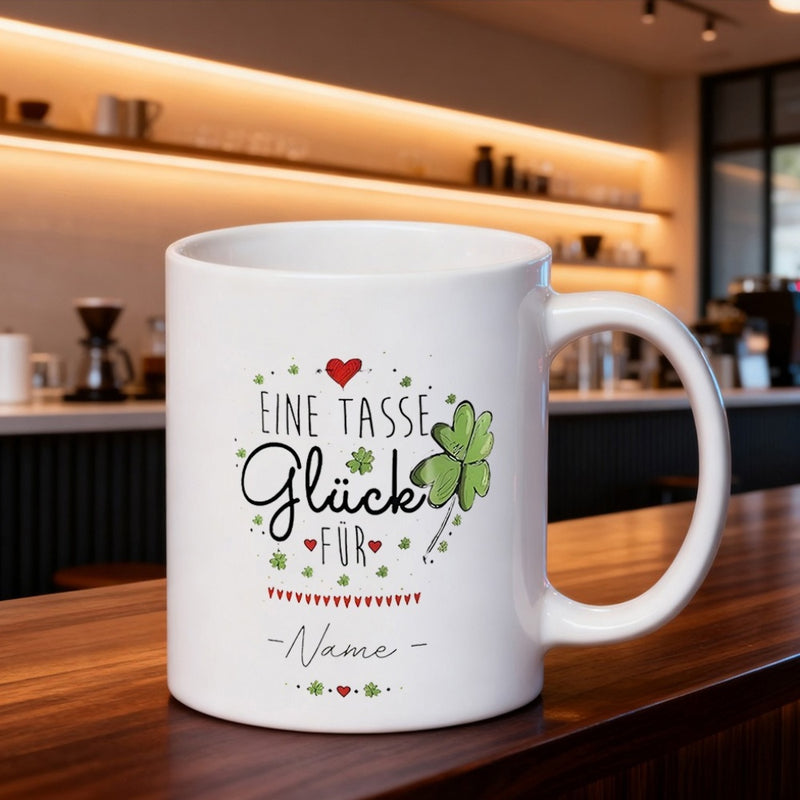 Tailorly White Ceramic 11 oz Mug - Name Vibrant Green Shamrock Surrounded By Small Red Hearts And Delicate Decorative Patterns Shamrock