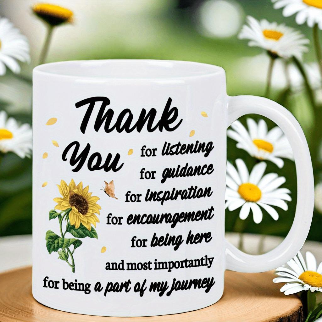 Tailorly White Ceramic 11 oz Mug - Thank You For Being A Part Of My Journey Vibrant Yellow Petals With Green Leaves Under Gentle Summer Sunlight Sunflower