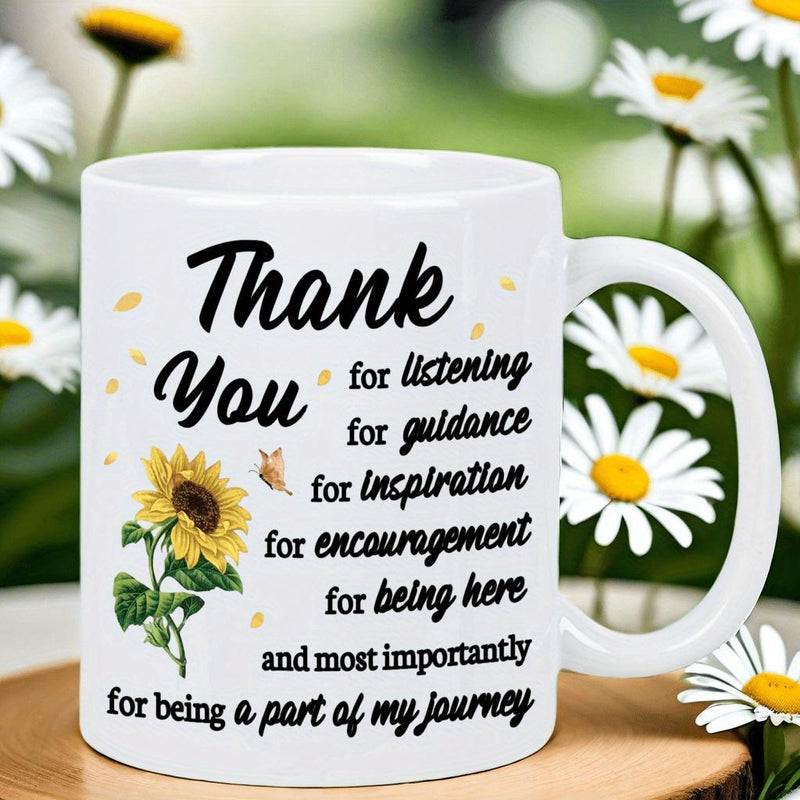 Tailorly White Ceramic 11 oz Mug - Thank You For Being A Part Of My Journey Vibrant Yellow Petals With Green Leaves Under Gentle Summer Sunlight Sunflower