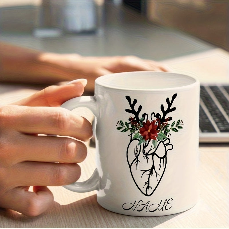Tailorly White Ceramic 11 oz Mug - Name Anatomical Line Art With Reindeer Antlers And Festive Floral Bloom Heart