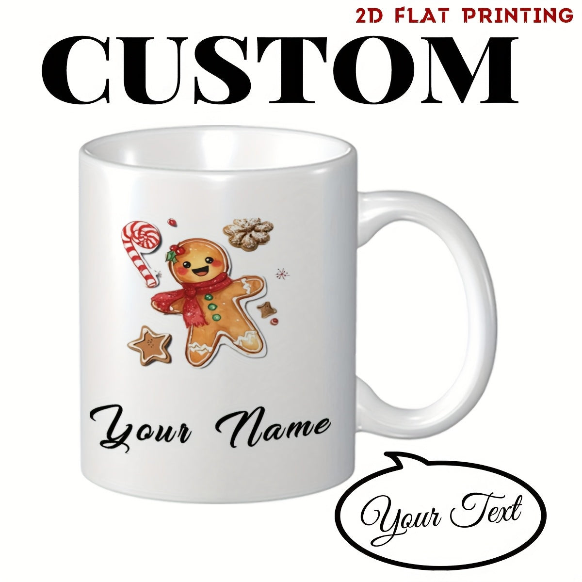 Tailorly White Ceramic 11 oz Mug - Your Name Festive Smiling Wearing Red Scarf Among Holiday Sweet Treats Gingerbread Man