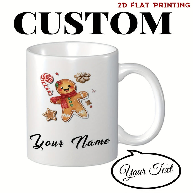 Tailorly White Ceramic 11 oz Mug - Your Name Festive Smiling Wearing Red Scarf Among Holiday Sweet Treats Gingerbread Man