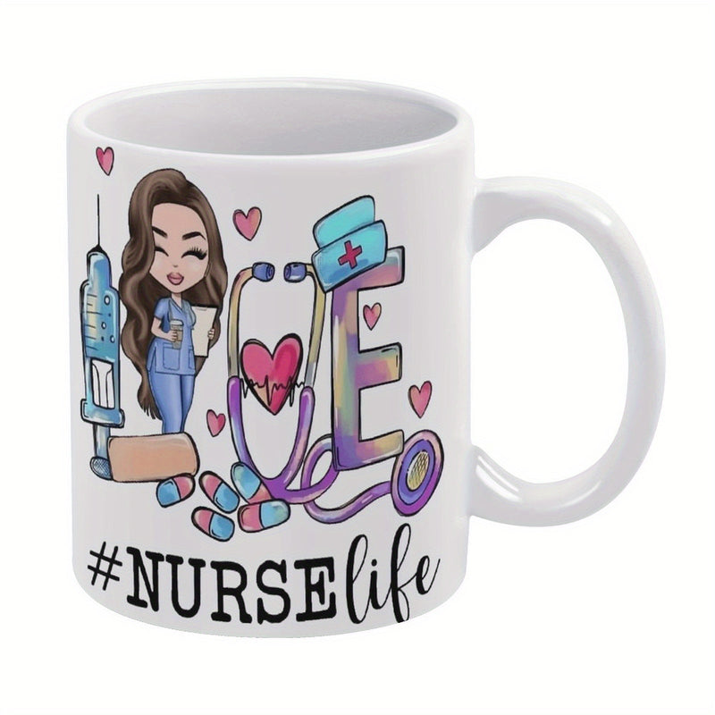 Tailorly White Ceramic 11 oz Mug - Nurse Life Cute Medical Icons And Hearts Surrounding A Smiling Young Nurse
