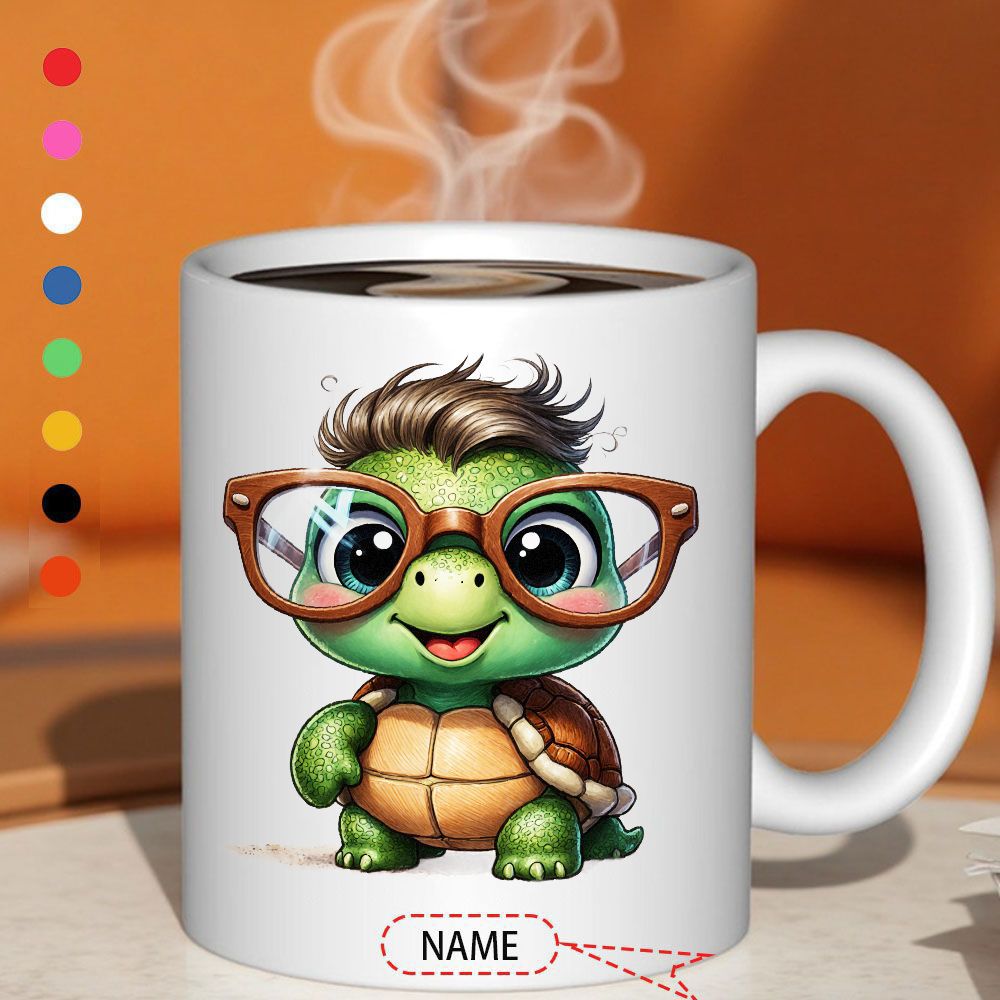 Tailorly White Ceramic 11 oz Mug - Name Adorable Tiny Green Baby Wearing Large Brown Glasses With Stylish Hair Turtle