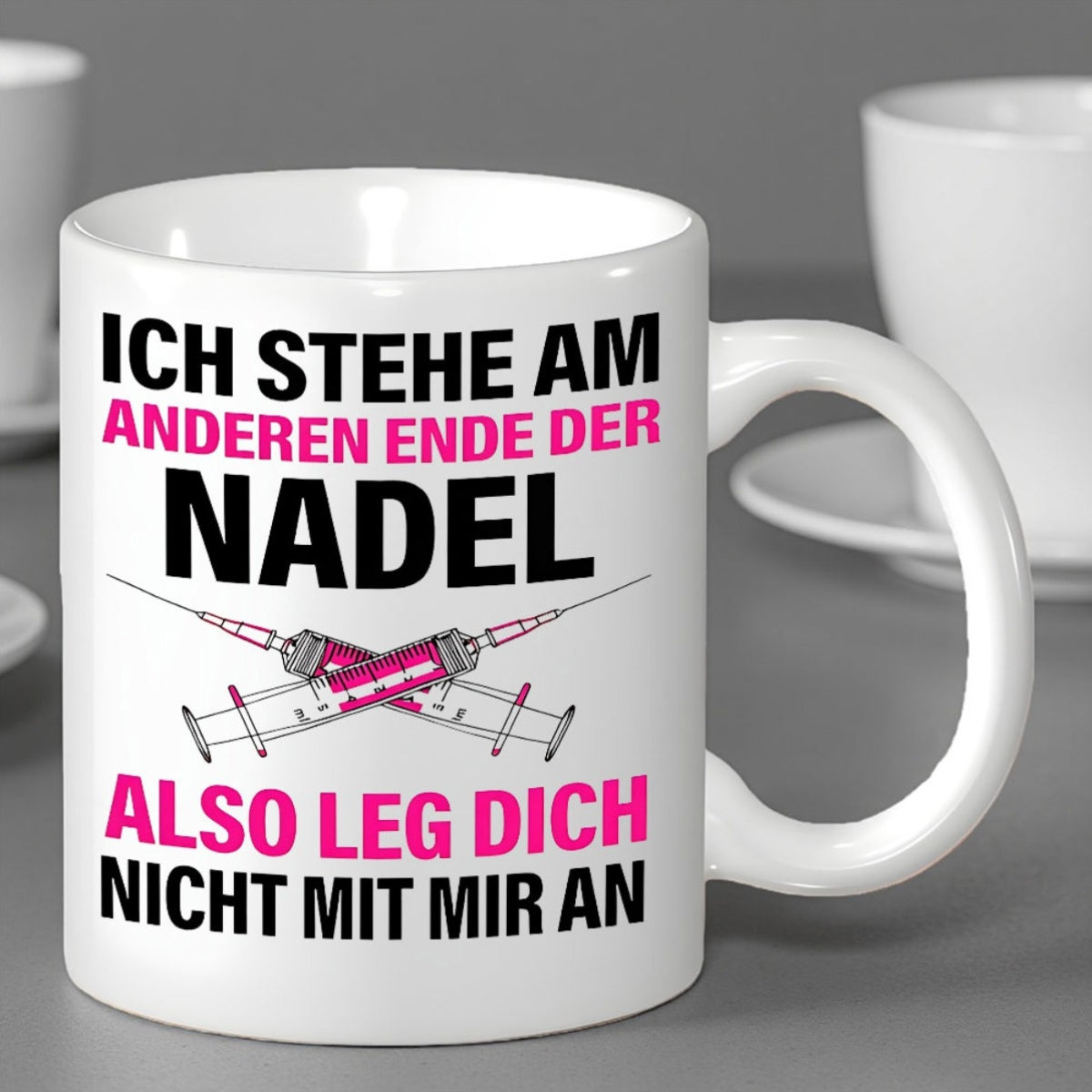 Tailorly White Ceramic 11 oz Mug - Two Crossed Medical Style Syringes Filled With Pink Liquid Content Syringe