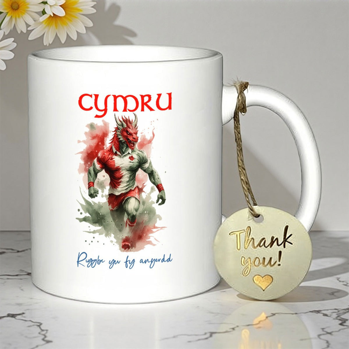 Tailorly White Ceramic 11 oz Mug - Thank You Majestic Red Dragon Character Wearing Sports Gear Among Vibrant Watercolor Splashes Dragon