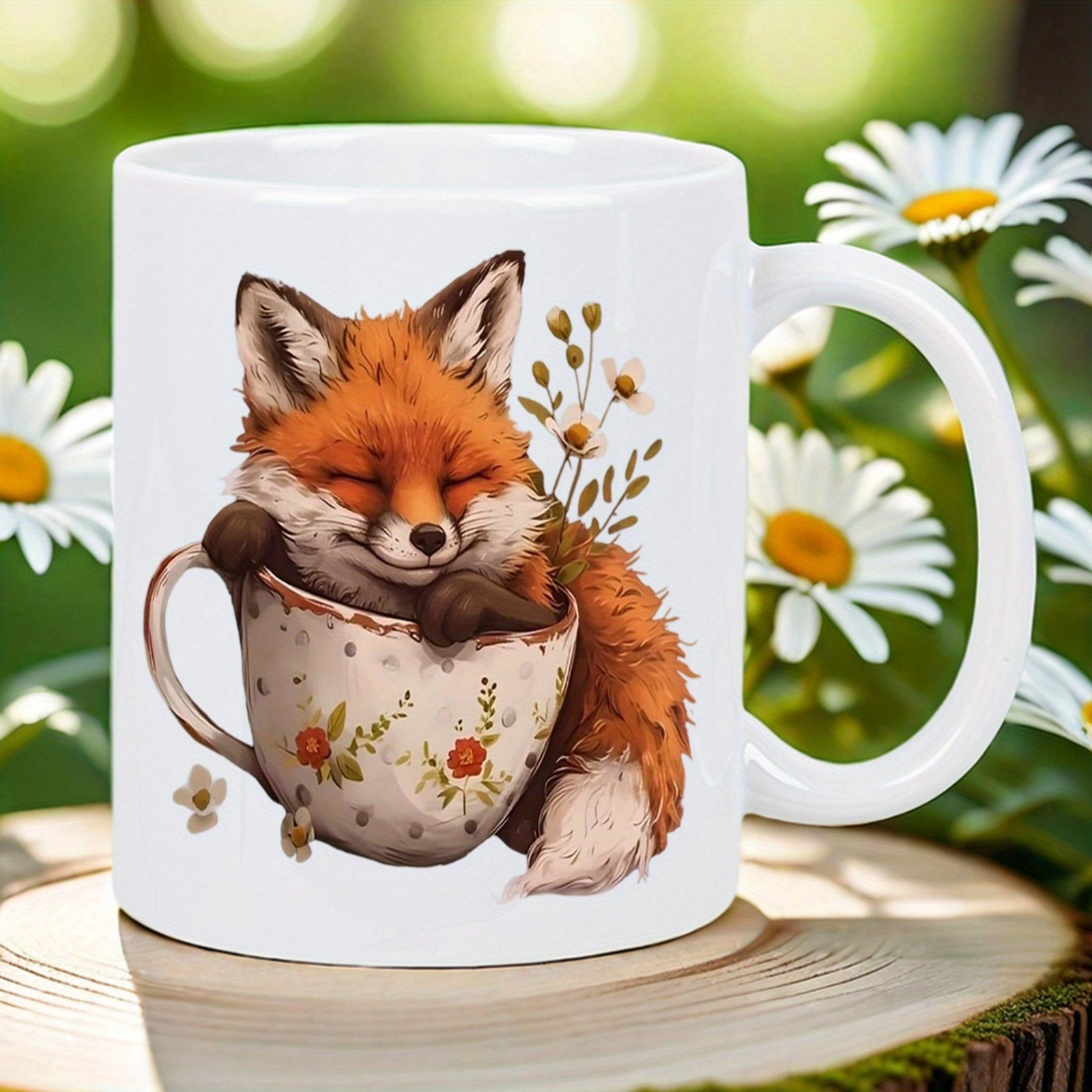 Tailorly White Ceramic 11 oz Mug - Adorable Sleeping Red Fox Tucked Inside Floral Ceramic Teacup Fox