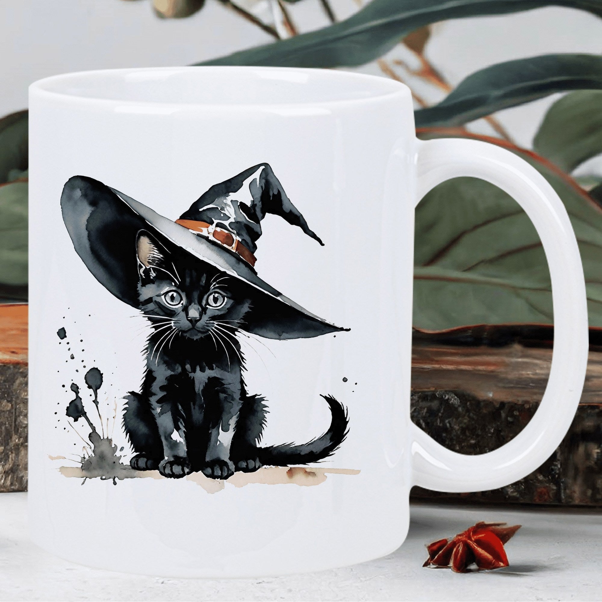 Tailorly White Ceramic 11 oz Mug - Adorable Black Kitten Wearing Pointed Witch Hat Surrounded By Creative Ink Splatters Cat