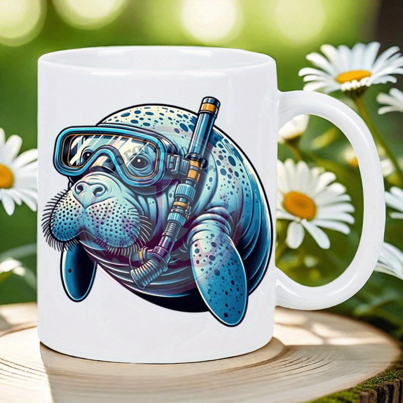 Tailorly White Ceramic 11 oz Mug - Cute Blue Spotted Manatee Wearing Diving Goggles And Snorkel Under Sea Manatee