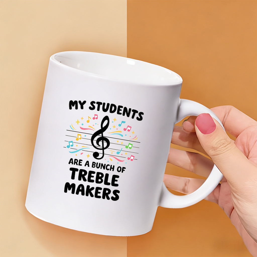 Tailorly White Ceramic 11 oz Mug - My Students Are A Bunch Of Treble Makers Artistic Black Musical Symbol Surrounded By Vibrant Floating Colorful Notes Treble Clef
