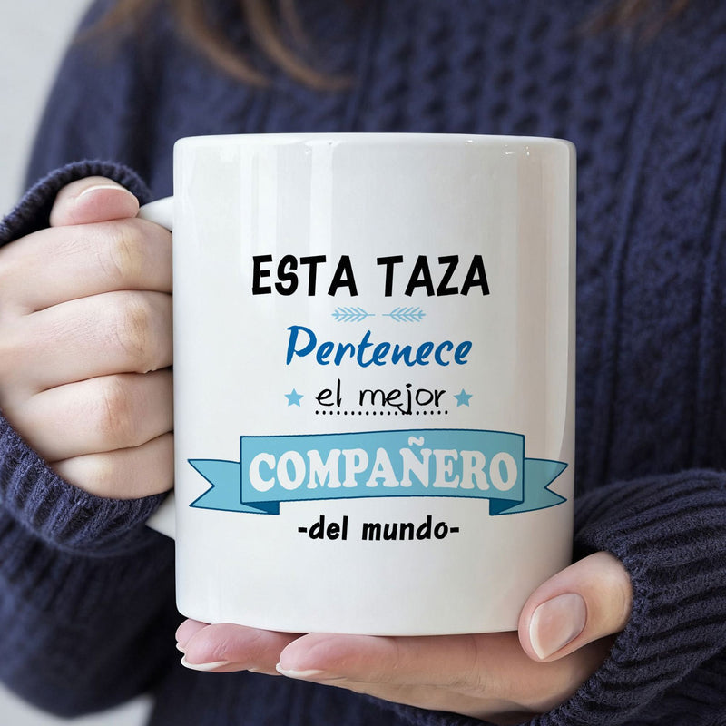 Tailorly White Ceramic 11 oz Mug - Blue Decorative Graphic Featuring Elegant Script And Star Elements With Flourishes Banner