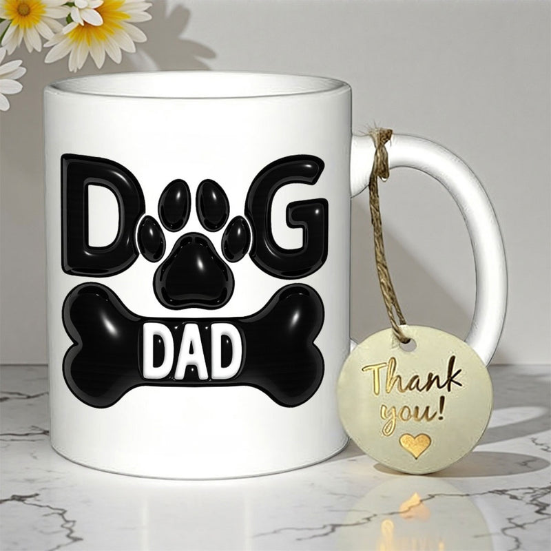Tailorly White Ceramic 11 oz Mug - Dog Dad Bold Black Letters Featuring Puppy Footprint And Large Dog Bone Paw