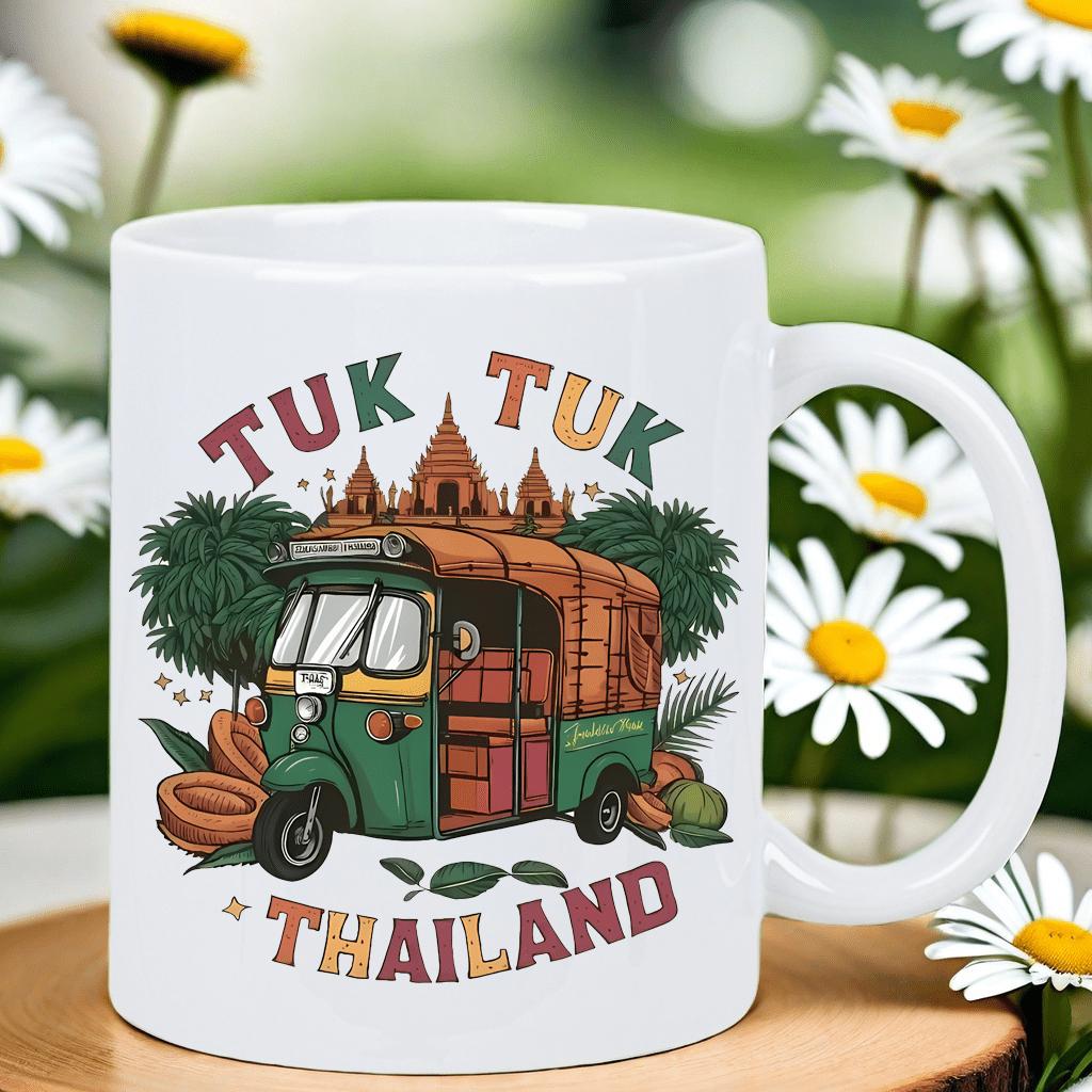 Tailorly White Ceramic 11 oz Mug - Tuk Tuk Thailand Traditional Green Vehicle Parked Before Ancient Golden Temple Amidst Tropical Foliage Rickshaw