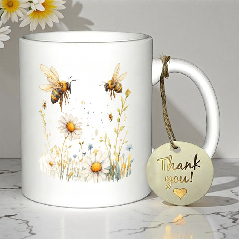 Tailorly White Ceramic 11 oz Mug - Thank You Delicate Watercolor Insects Hovering Above Blooming Wild White Daisy Meadow Bee