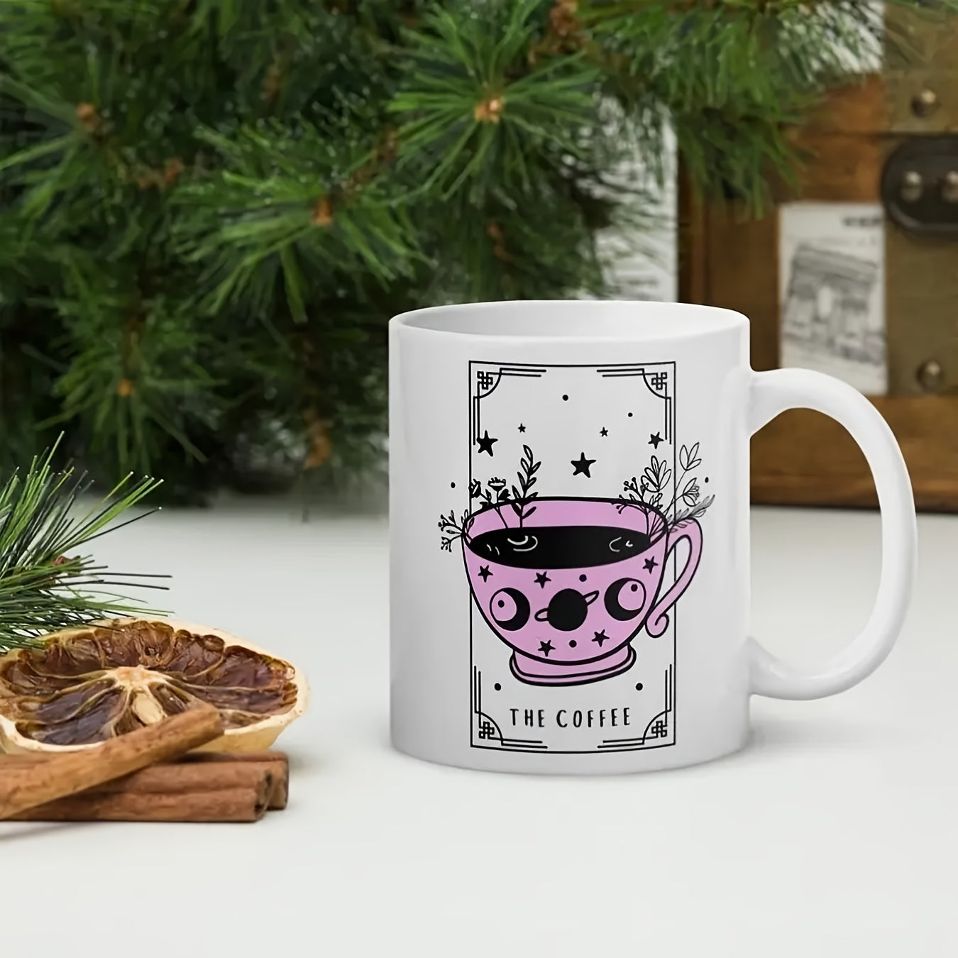 Tailorly White Ceramic 11 oz Mug - The Coffee Pink Celestial Cup Inside Mystical Tarot Frame With Twinkling Stars Mug