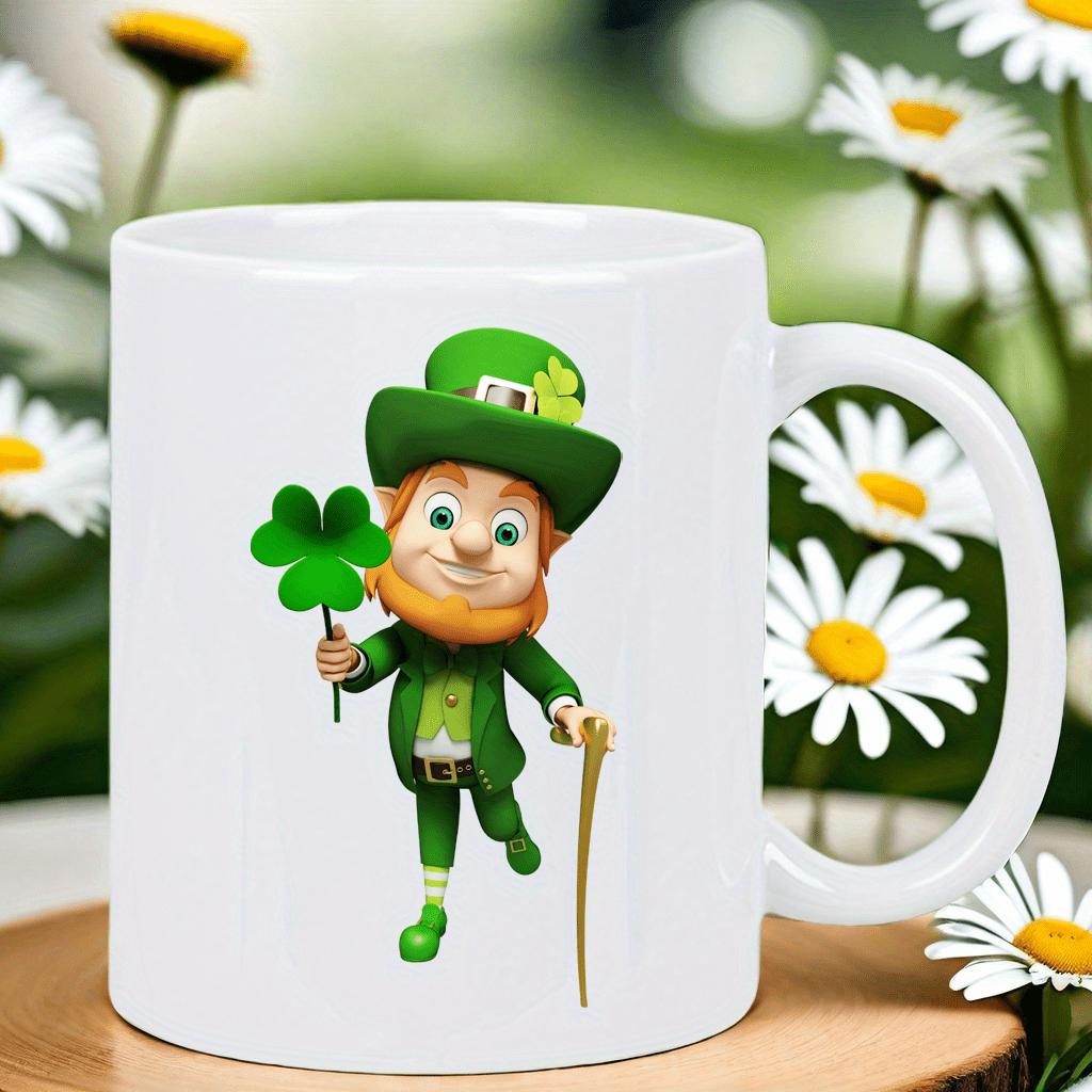 Tailorly White Ceramic 11 oz Mug - Smiling Leprechaun Wearing Green Hat And Holding A Large Four Leaf Clover Leprechaun