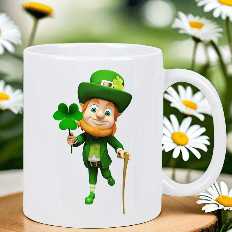 Tailorly White Ceramic 11 oz Mug - Smiling Leprechaun Wearing Green Hat And Holding A Large Four Leaf Clover Leprechaun