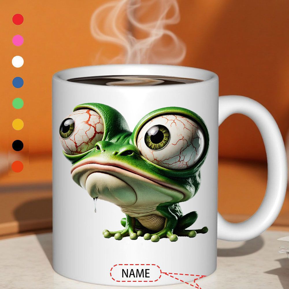Tailorly White Ceramic 11 oz Mug - Name Grumpy Green Character With Large Bulging Bloodshot Veined Eyes Frog