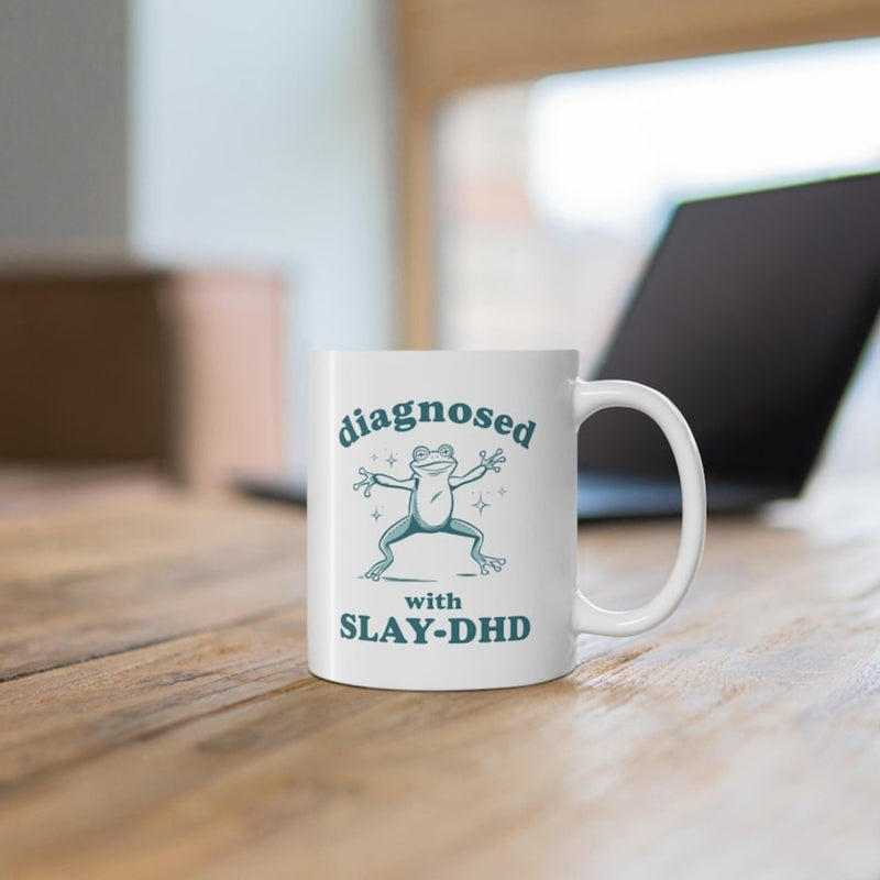 Tailorly White Ceramic 11 oz Mug - Diagnosed With Slay DHD Whimsical Minimalist Cartoon Line Art With Small Twinkling Stars Frog