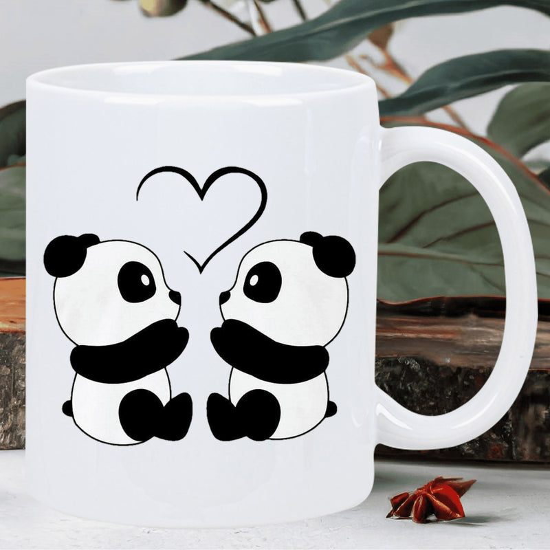 Tailorly White Ceramic 11 oz Mug - Two Cute Cartoon Animals Sitting Together Under A Small Black Heart Panda