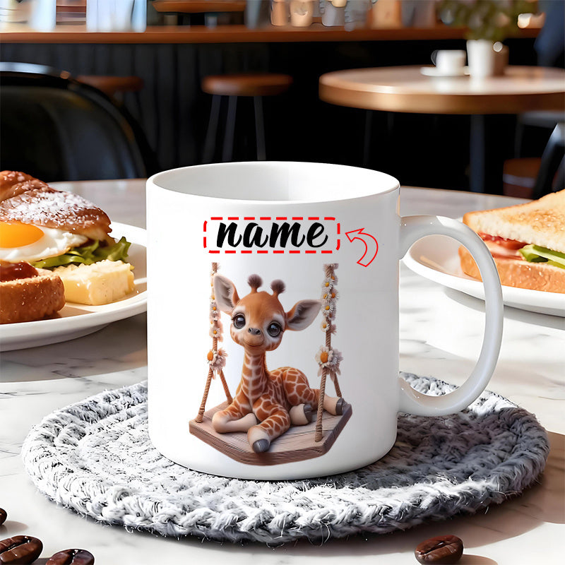 Tailorly White Ceramic 11 oz Mug - Name Adorable Baby Animal Resting Comfortably On A Small Wooden Swing Giraffe