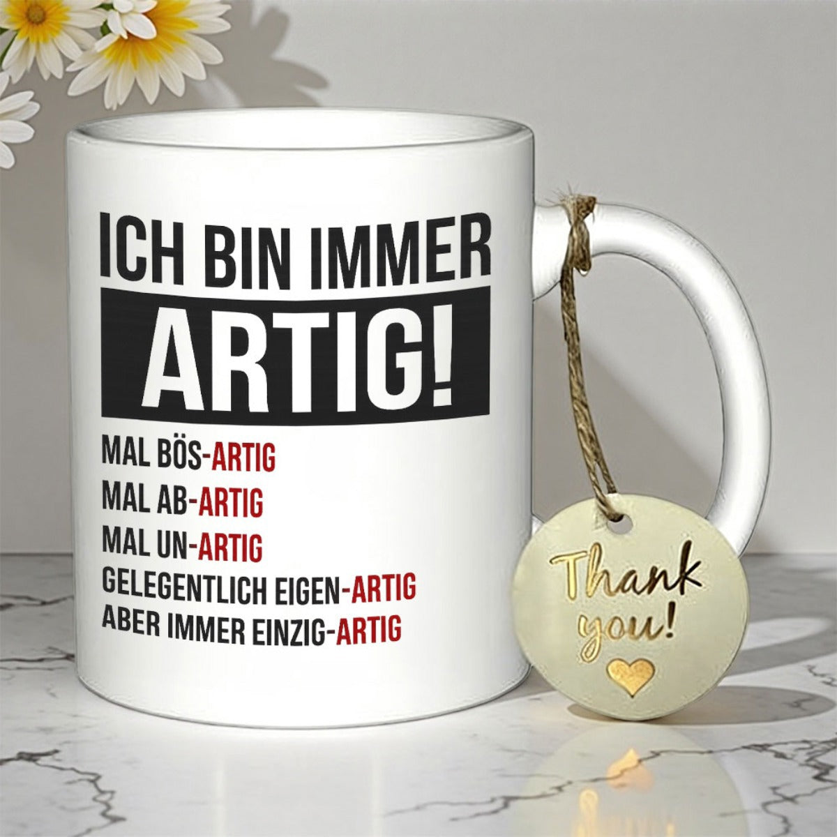Tailorly White Ceramic 11 oz Mug - Thank You Minimalist White Ceramic With Bold Black Typographic Quote Mug