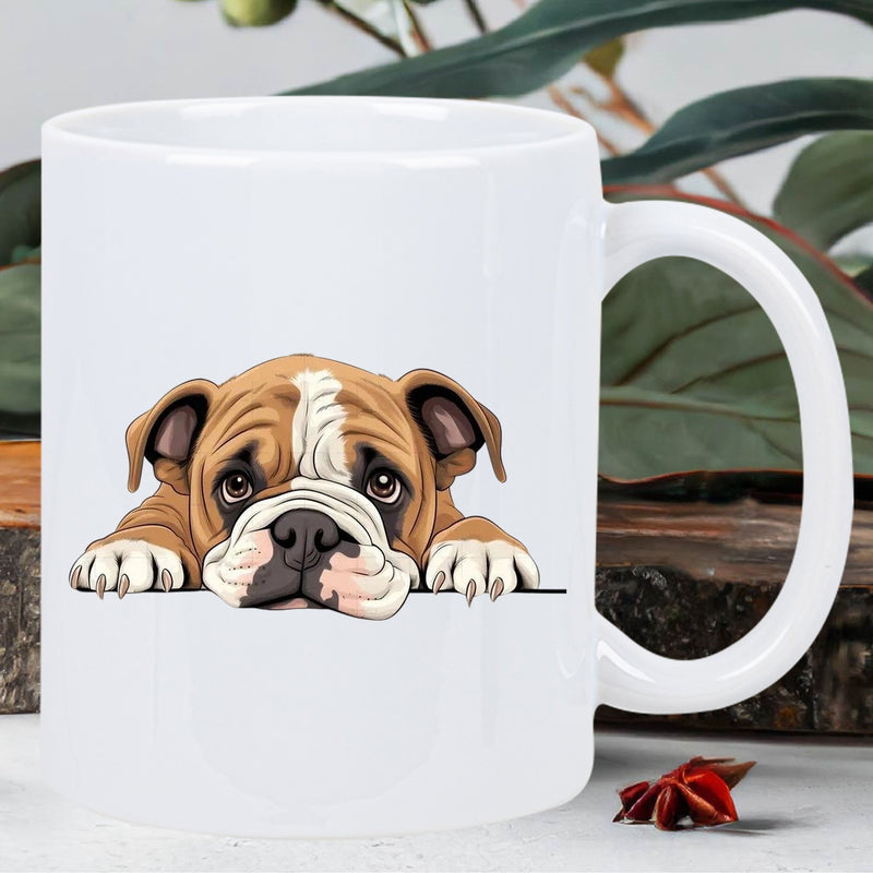 Tailorly White Ceramic 11 oz Mug - Adorable Brown And White Dog Peeking Curiously Over Minimalist Edge Bulldog