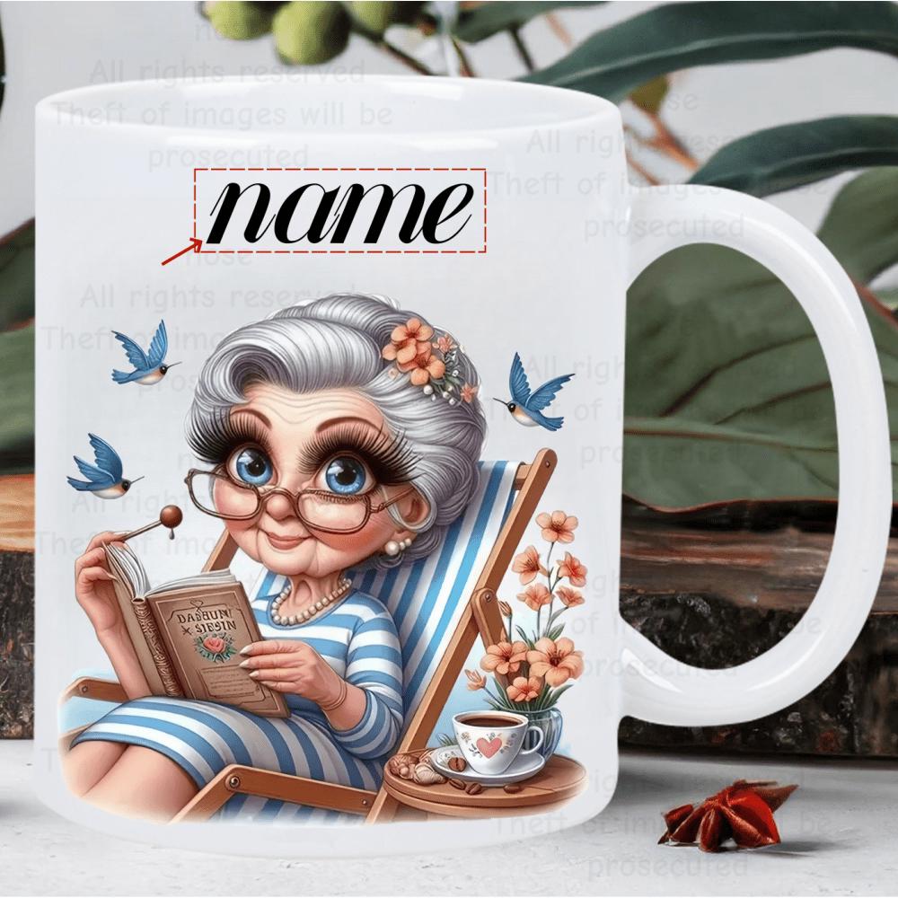 Tailorly White Ceramic 11 oz Mug - Name Peaceful Elderly Lady Reading In Striped Chair Surrounded By Blue Birds Grandmother