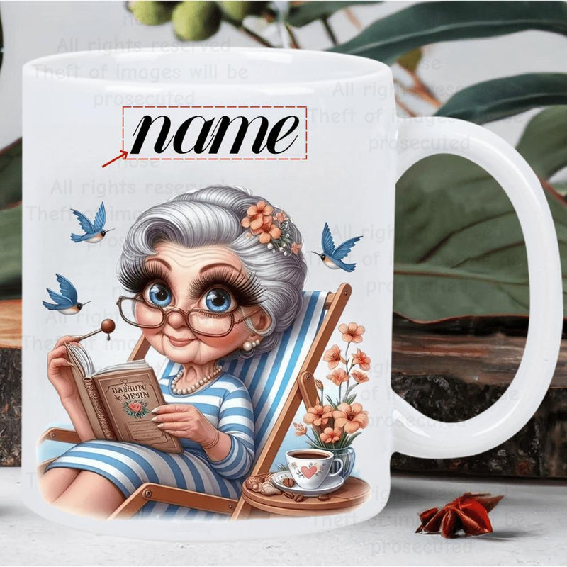 Tailorly White Ceramic 11 oz Mug - Name Peaceful Elderly Lady Reading In Striped Chair Surrounded By Blue Birds Grandmother