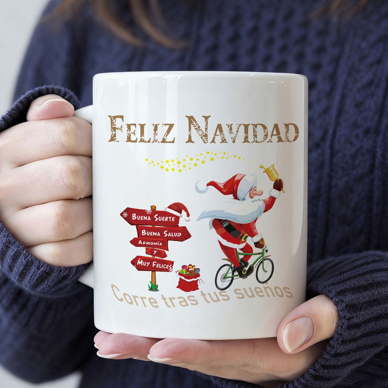 Tailorly White Ceramic 11 oz Mug - Joyful Festive Santa Claus Riding A Bicycle Near A Red Wooden Signpost Santa Claus