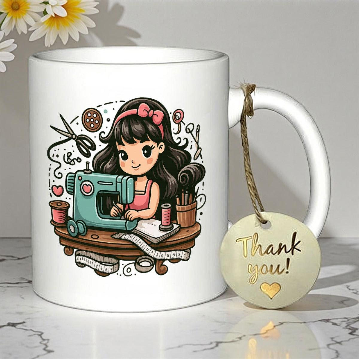 Tailorly White Ceramic 11 oz Mug - Thank You Adorable Chibi Character Sewing At A Vintage Machine With Crafting Accessories Girl