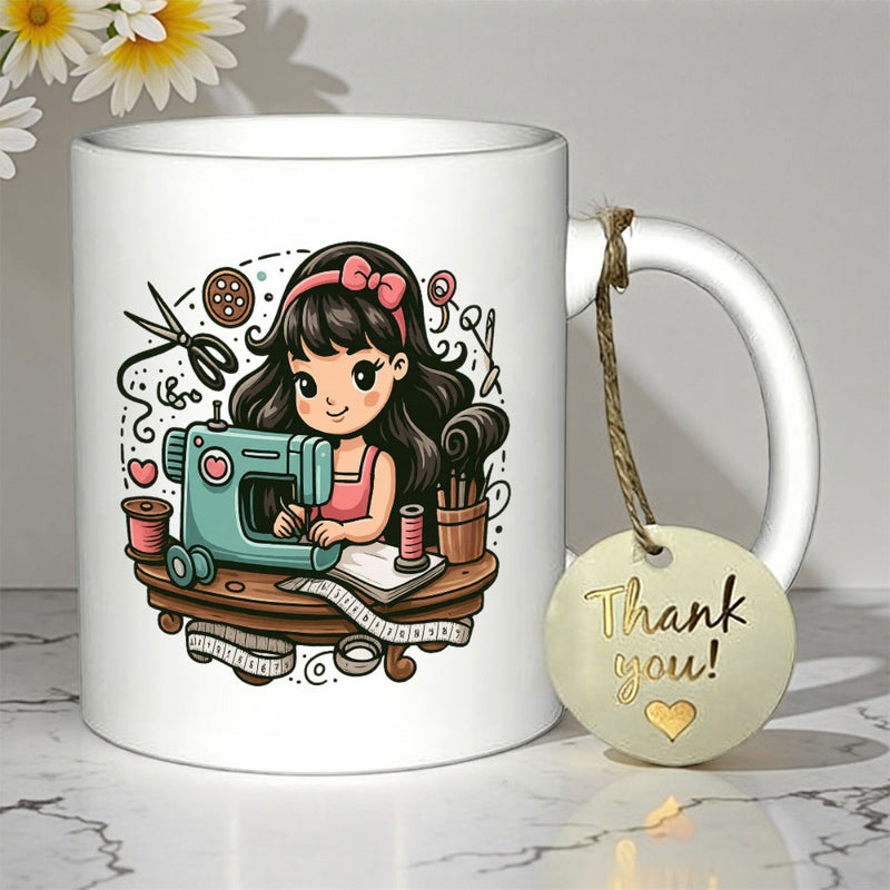 Tailorly White Ceramic 11 oz Mug - Thank You Adorable Chibi Character Sewing At A Vintage Machine With Crafting Accessories Girl