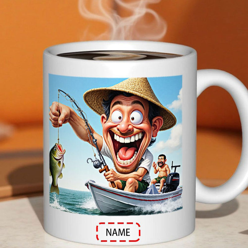 Tailorly White Ceramic 11 oz Mug - Name Laughing Cartoon Man On A Small Boat Catching A Large Bass Fisherman