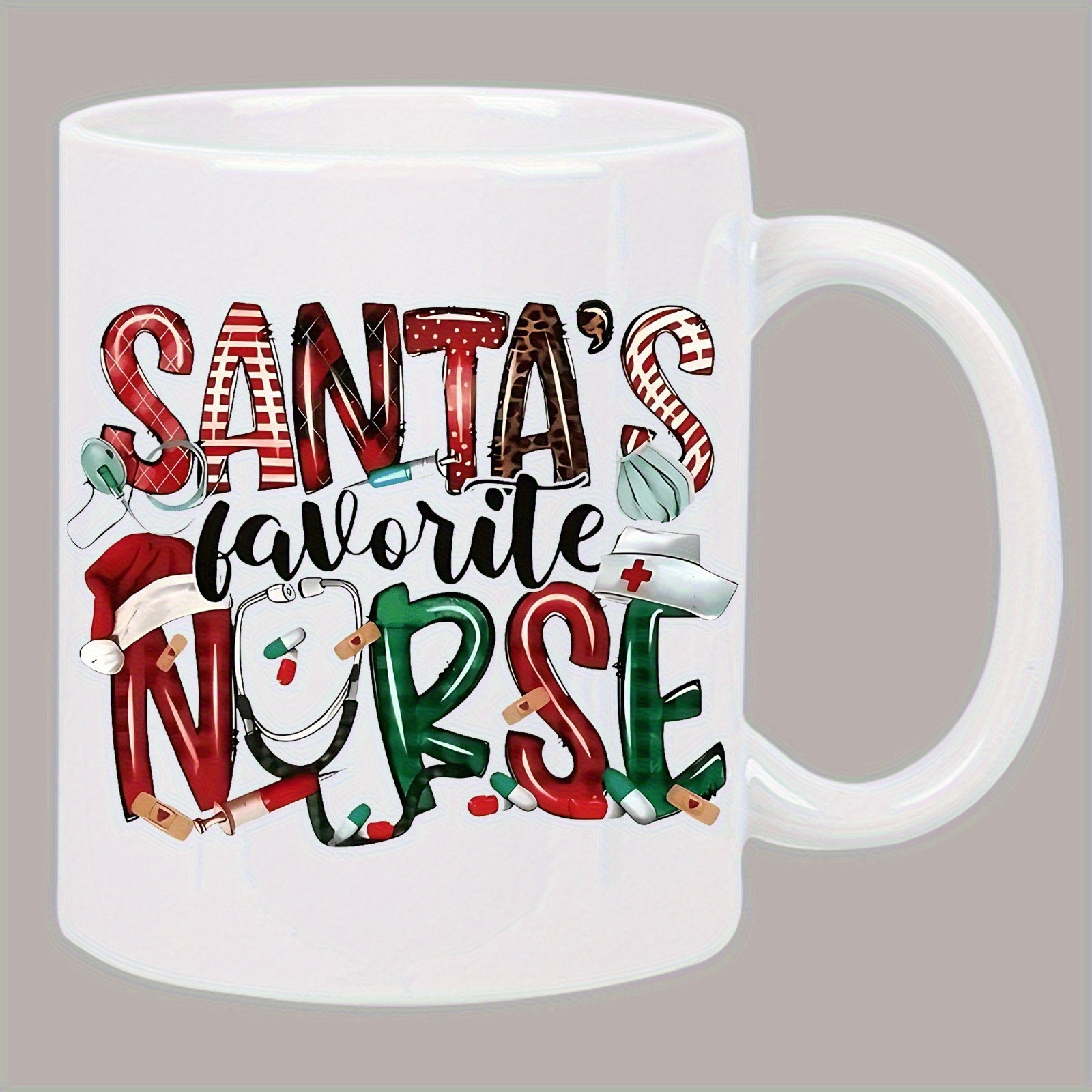 Tailorly White Ceramic 11 oz Mug - Santas Favorite Nurse Festive Holiday Patterns With Medical Symbols And Accessories Nurse