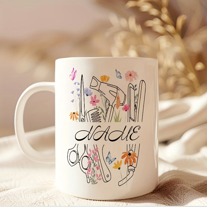 Tailorly White Ceramic 11 oz Mug - Name Delicate Line Art Hair Tools And Vibrant Floral Blossoms With Graceful Butterflies Shears