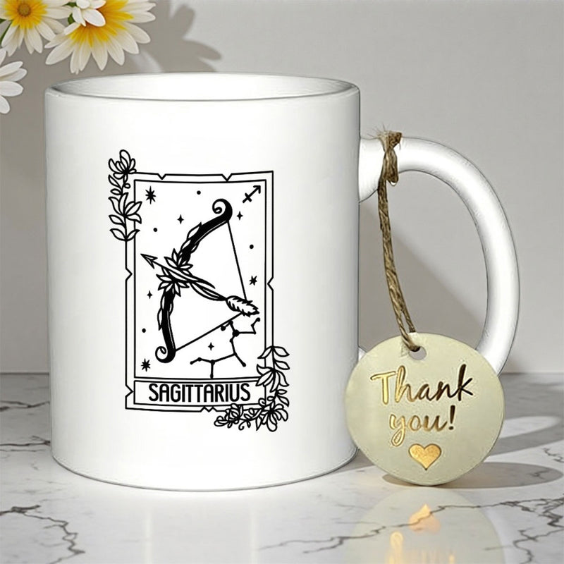 Tailorly White Ceramic 11 oz Mug - Sagittarius Elegant Tarot Card Inspired Design With Celestial Stars And Flowers Sagittarius
