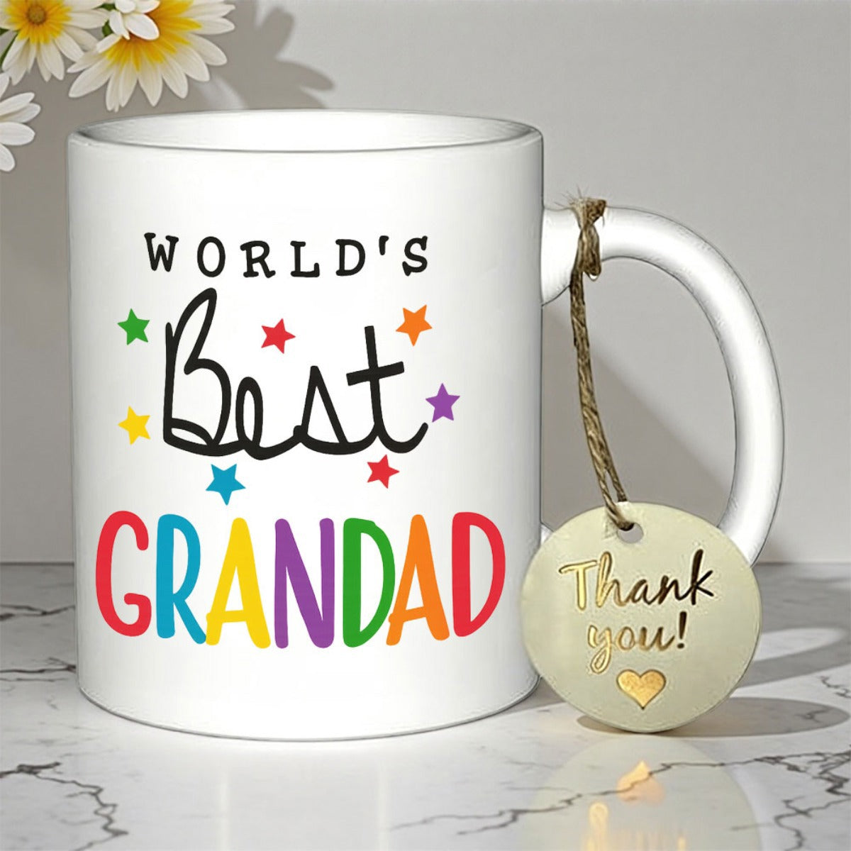 Tailorly White Ceramic 11 oz Mug - Worlds Best Grandad Colorful Stars Scattered Around Playful Hand Lettered Ceramic Mug