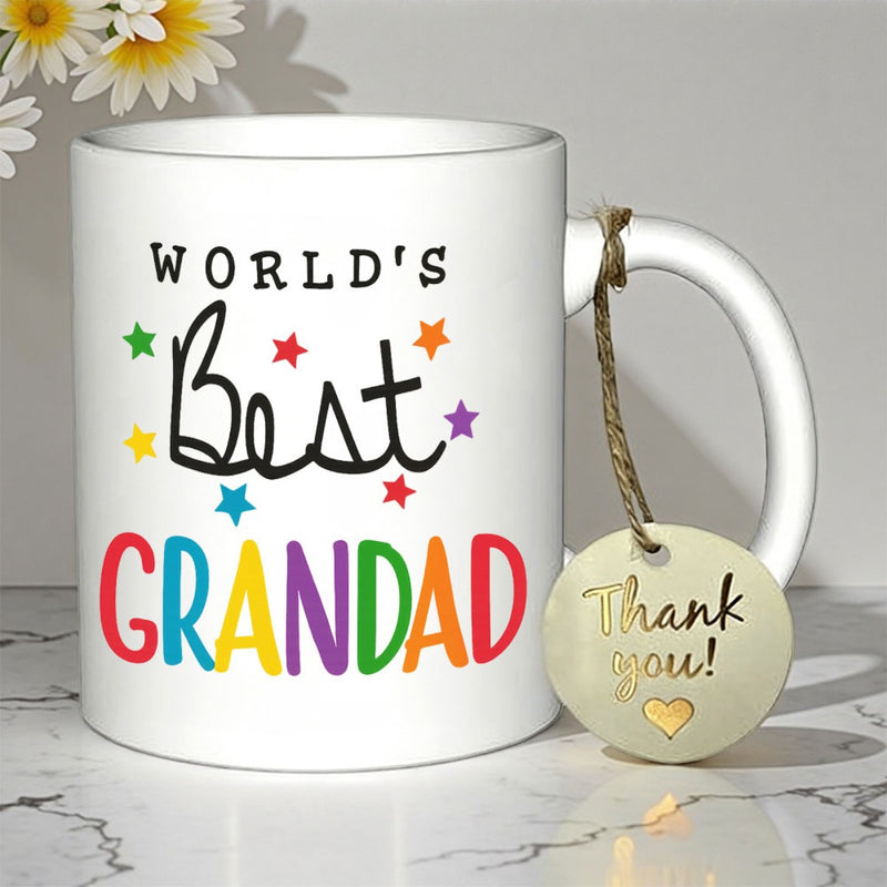Tailorly White Ceramic 11 oz Mug - Worlds Best Grandad Colorful Stars Scattered Around Playful Hand Lettered Ceramic Mug