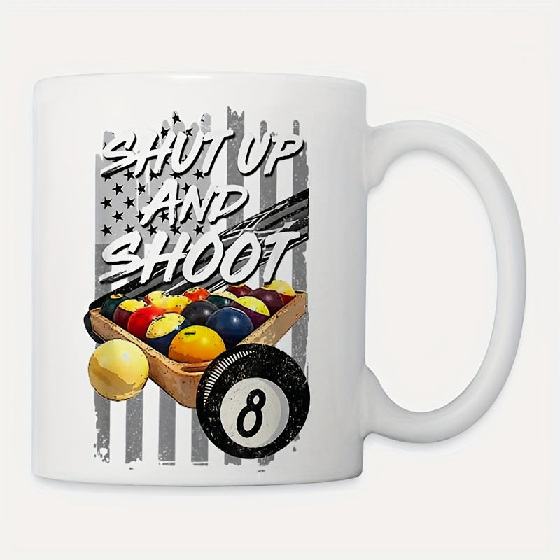 Tailorly White Ceramic 11 oz Mug - Shut Up And Shoot Distressed Monochrome American Flag Background With Colorful Pool Balls In Rack Billiard Ball