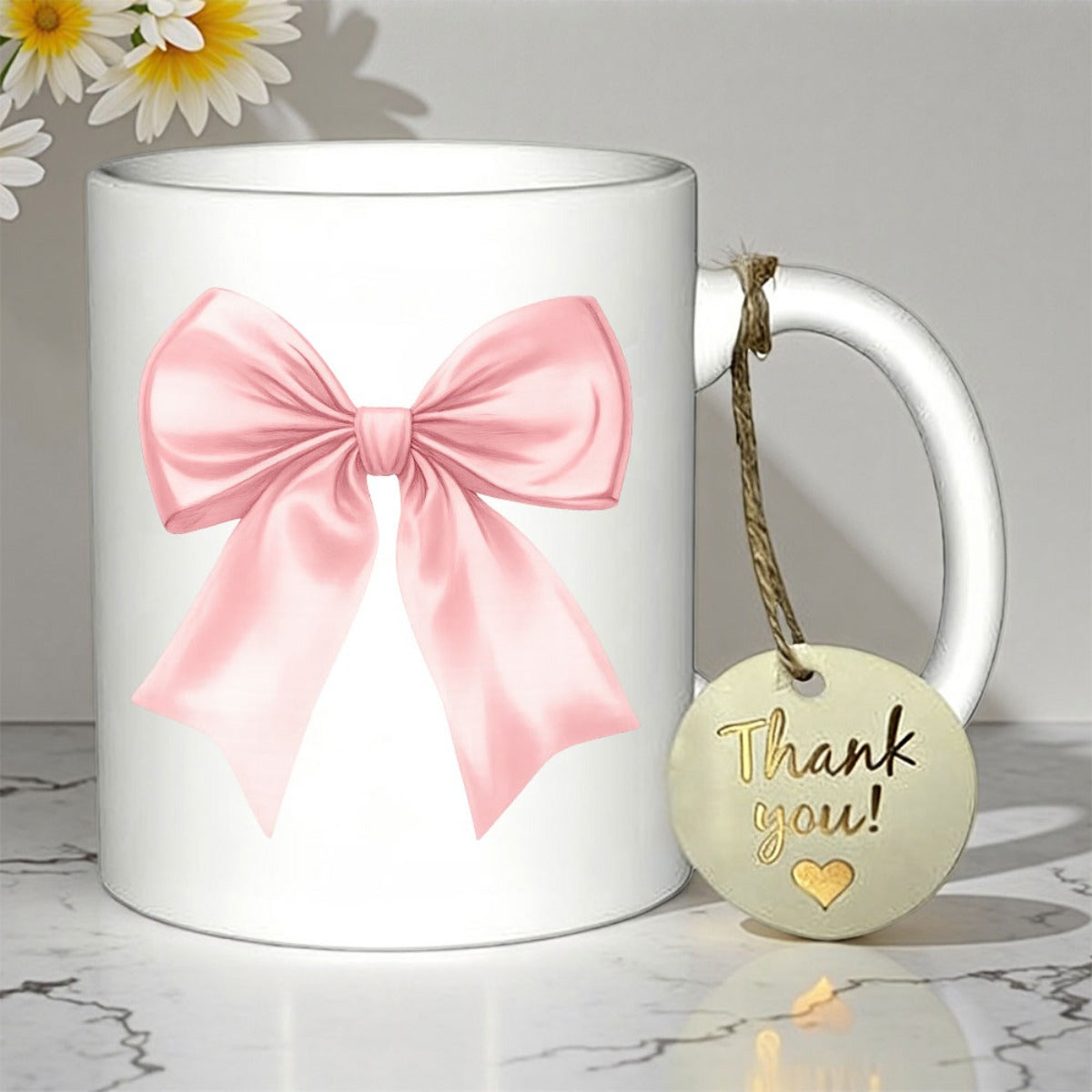 Tailorly White Ceramic 11 oz Mug - Thank You Soft Pink Silk Satin Ribbon Tied Into A Delicate Elegant Bow