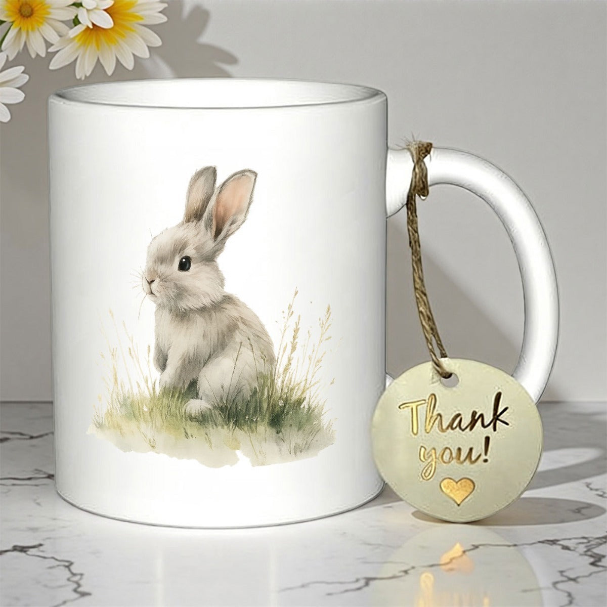 Tailorly White Ceramic 11 oz Mug - Thank You Soft Fluffy White Bunny Sitting Peacefully Among Green Grass Patch Rabbit