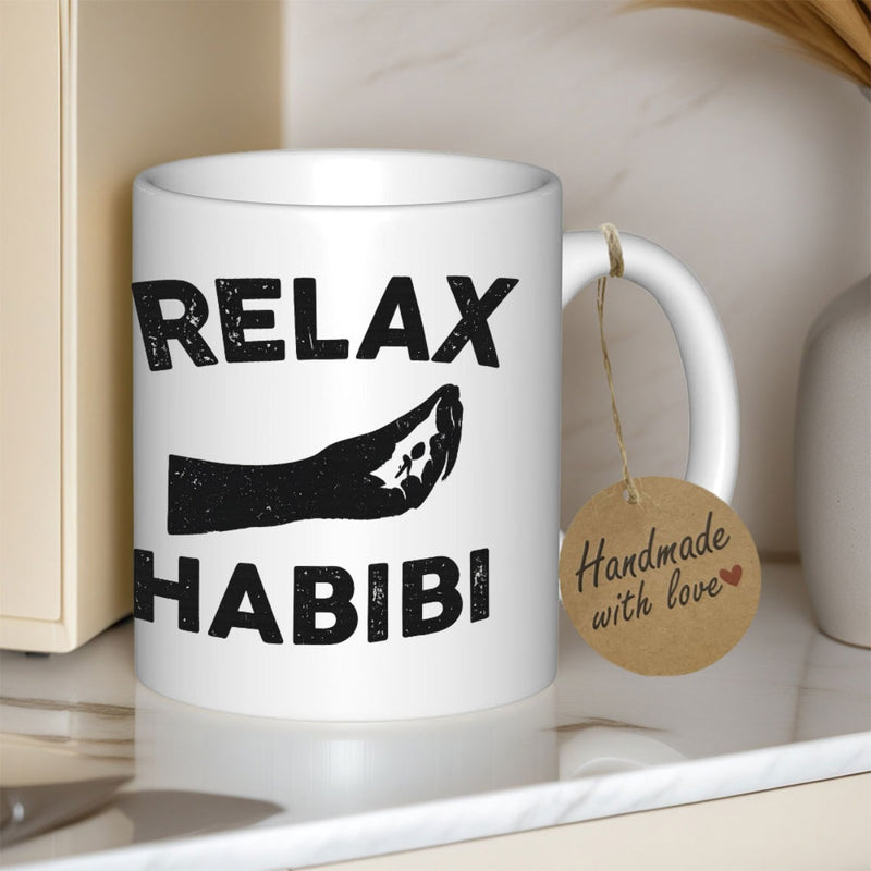 Tailorly White Ceramic 11 oz Mug - Relax Habibi Vintage Textured Black Hand Gesture Design In Minimalist Style Mug