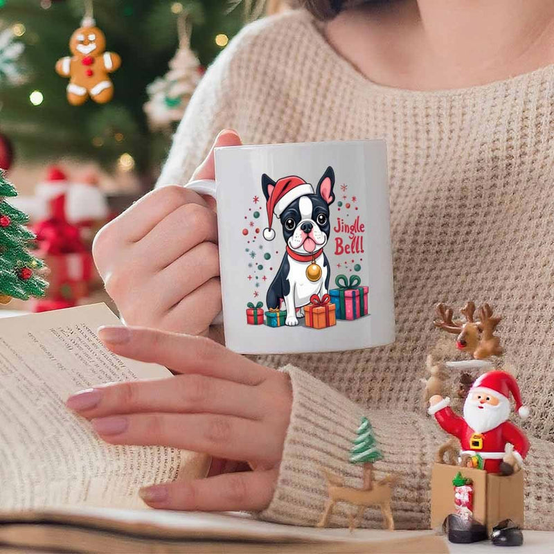 Tailorly White Ceramic 11 oz Mug - Jingle Bells Festive Boston Terrier Wearing Santa Hat Sitting Among Colorful Holiday Gifts Dog