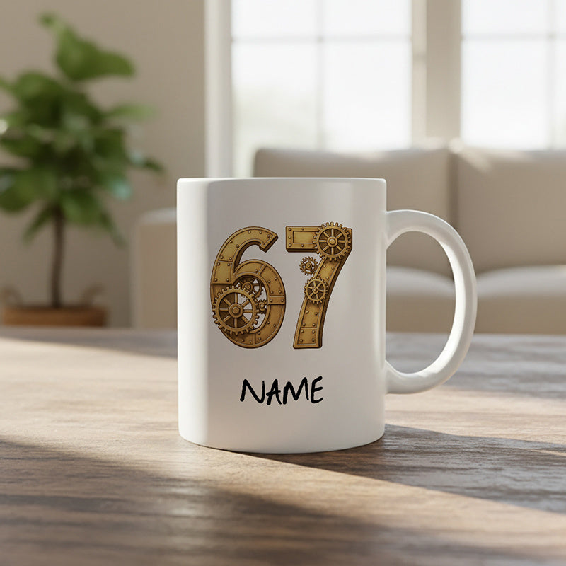 Tailorly White Ceramic 11 oz Mug - Name Ornate Steampunk Style With Vintage Mechanical Gears And Bronze Metallic Textures Number