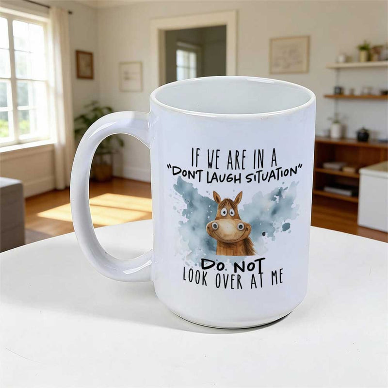 Tailorly White Ceramic 11 oz Mug - If We Are In A Don't Laugh Situation Do Not Look Over At Me Funny Cartoon Sketch With Wide Eyes Amidst Soft Blue Watercolor