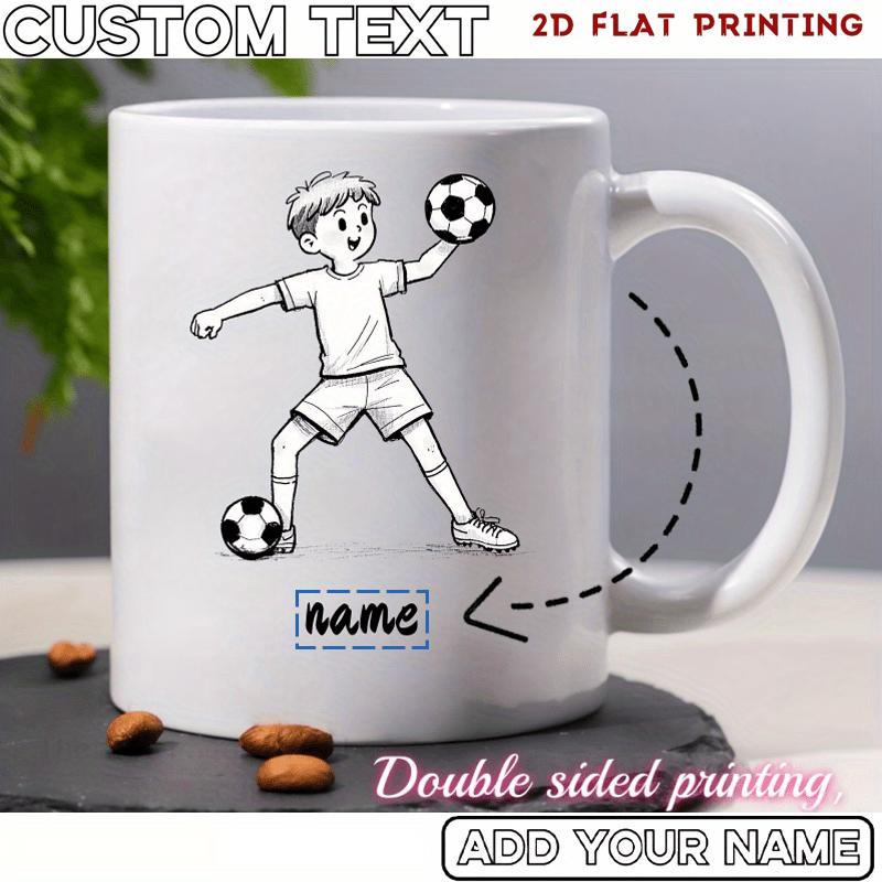 Tailorly White Ceramic 11 oz Mug - Name Minimalist Hand Drawn Line Art Of An Active Child Playing Soccer Boy