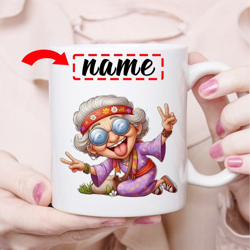 Tailorly White Ceramic 11 oz Mug - Name Hippie Style Elderly Lady In Purple Robe Making Peace Signs Grandma